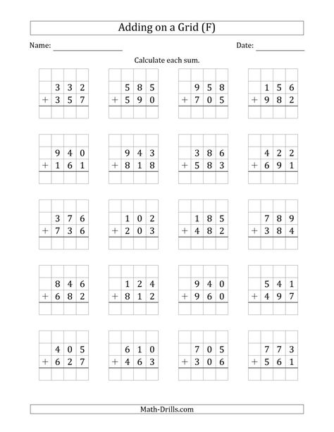 The Adding 3-Digit Plus 3-Digit Numbers on a Grid (F) Math Worksheet Adding 2 Digit Numbers, Middle Sounds Worksheet, Math Fact Worksheets, Maths Worksheet, Math Practice Worksheets, Math Addition Worksheets, Math Drills, Math Subtraction, 3rd Grade Math Worksheets