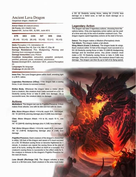 Lava Dragon, Dnd Enemies, Stat Block, Homebrew Monsters, 5e Monsters, Dungeons And Dragons Rules, Dnd Stats, Dnd Monster, Dnd Creatures