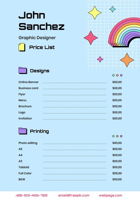 Modern JS Graphic Designer Price List Graphic Design Pricing List, Graphic Designer Price List Design, Pricing Table Design Layout, Price Design Layout, Price List Graphic Design, Freelance Graphic Design Price List, Graphic Design Prices, Price List Design Graphics, Price Sheet Design