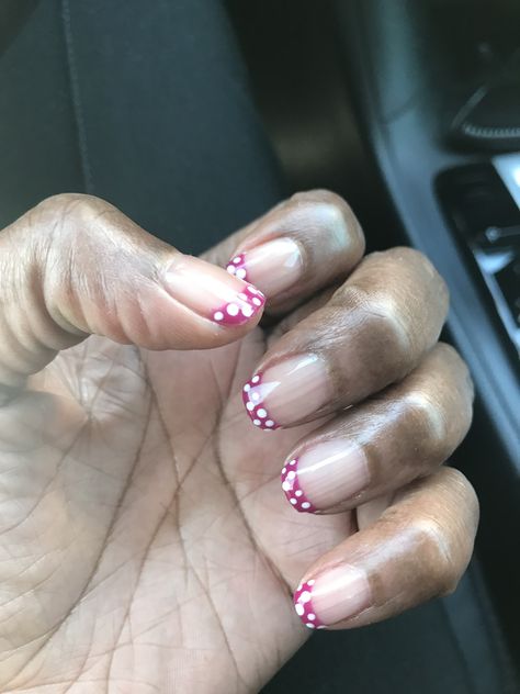 French manicure color with polka dots French Manicure With Polka Dots, Polka Dot Nails French Tip, Polka Dot French Tip Nails, Dot French Tip, Polka Dot Pedicure, No Chip Manicure, French Tip Gel Nails, Pink French Manicure, Jewellery Nails