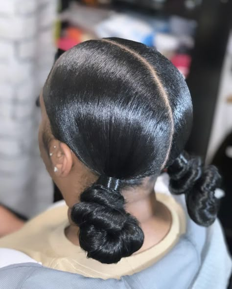 Slicked Back Space Buns, Two Buns With Weave, Space Buns With Weave, Two Back Buns, Swoop Two Buns, Two Bun Hairstyles For Black Women, Two Knot Buns, Two Slick Back Buns, Two Buns Hairstyle Black Women