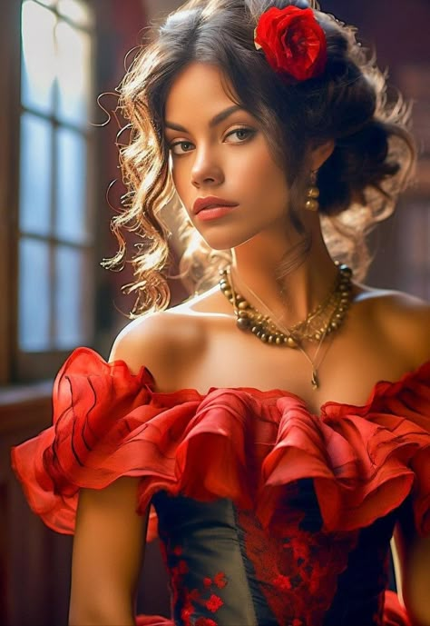 Spanish Flamenco Hair, Senorita Hairstyles, Spanish Style Photoshoot, Traditional Puerto Rican Hairstyles, Spanish Party Aesthetic, Hairstyle For Photoshoot, Flamenco Hairstyle, Spanish Photoshoot, Spanish Princess Dress