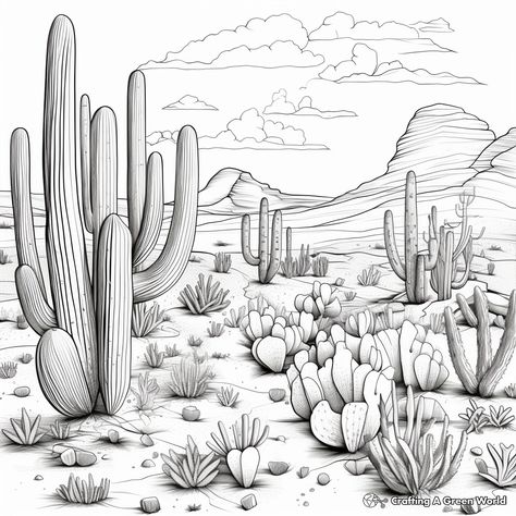 Desert Flowers Drawing, Desert Landscape Drawing, Desert Coloring Pages, Landscape Tattoos, Mix Drawing, White Board Drawings, Habitat Activities, Landscape Coloring Pages, Watercolor Templates