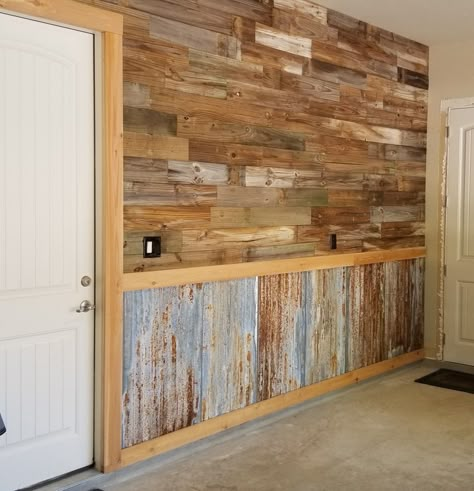 Tin Wainscoting Ideas Wall, Tin Half Way Up The Wall, Garage Rustic Interior, Bar Paneling Ideas, Cedar Walls Interior Living Room, Tin On Walls, Cedar Walls Interior, Tin On Walls Ideas, Tin And Wood Walls