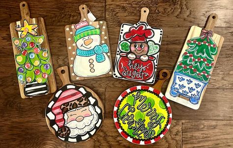 Christmas Painting On Wood Boards, Hand Painted Charcuterie Board, Hand Painted Christmas Gifts, Painted Charcuterie Board, Crafts For Craft Shows, Christmas Charcuterie Boards, Reindeer Handprint, Tired Mama, Painted Christmas Gifts