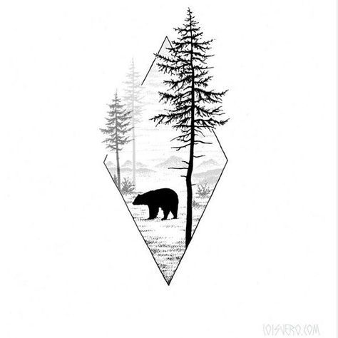 Canada Tattoo, Geometric Bear, Tattoo Trend, Landscape Tattoo, Forest Tattoos, Bear Tattoos, Bear Tattoo, Wolf Tattoos, Tattoo Sleeve Designs