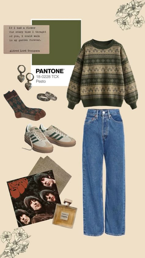 An outfit inspiration collage embellished with simply drawn flowers at the corners. The album Rubber Soul by The Beatles is displayed alongside hand written letters and a bottle of Chanel Gabrielle (Eau de Parfum). The actual outfit displayed consists of a green knit sweater, a pair of straight leg high rise blue jeans, knit brown and blue argyle socks and off white Adidas trainers with dark green stripes, and accessorized with silver heart locket earrings and silver rings. Beatles Outfit, Goblincore Outfits, September Outfits, Academia Outfits, Thrift Inspo, College Fits, Outfit Inspired, Downtown Girl, Swaggy Outfits