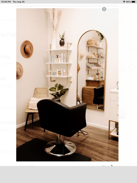 3 Chair Salon Ideas, Modern Salon Decor Small Spaces, Mini Home Salon Ideas, Small Hair Suite Ideas, Mini Hair Salon At Home, Narrow Hair Salon, Barndominium Salon, Small Boho Salon Ideas, Mini Salon Ideas Modern