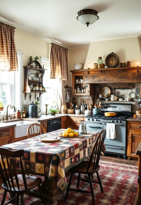 Rustic Kitchen Aga Cottage Kitchen, Old Country Kitchen Southern Style, American House Kitchen, Traditional Italian Decor, Homestead Interior Design, Cottage Eat In Kitchen, Homestead Kitchen Aesthetic, Small Cozy Kitchen Ideas, Homestead Life Aesthetic