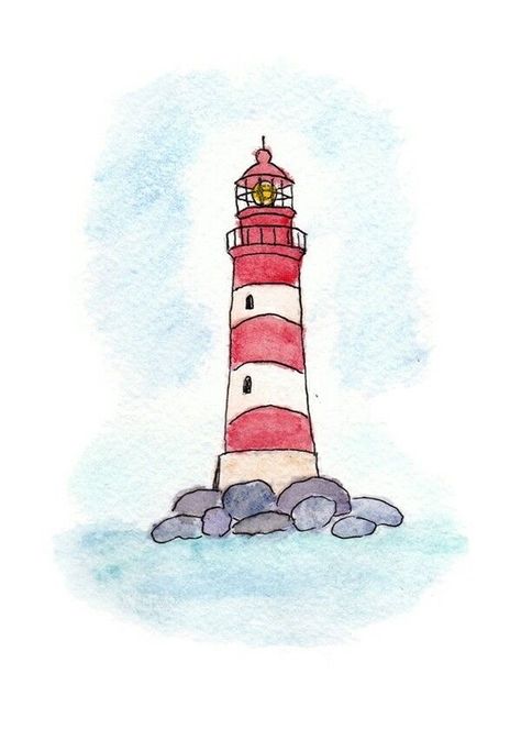 Lighthouse Watercolor, Lighthouse Drawing, خريطة ذهنية, Lighthouse Painting, Color Drawing Art, Watercolor Paintings For Beginners, Watercolour Inspiration, Diy Watercolor Painting, Watercolor Paintings Easy