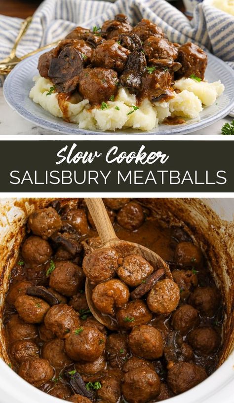 Have you ever had a dinner that tasted like a warm, flavorful hug? If not, let me introduce you to our Slow Cooker Salisbury Meatballs recipe. via @familyfresh Salbery Steak Recipe Easy Crockpot, Easy Crockpot Meals With Ground Beef Slow Cooker, Swished Meatballs, Slow Cooker Stroganoff Meatballs, Crockpot Salsberry Meatballs, Salsbury Meatballs Recipe Crockpot, Salisbury Meatballs Instant Pot, Salsberry Meatballs Recipe, Meatball Stew Recipes Crockpot