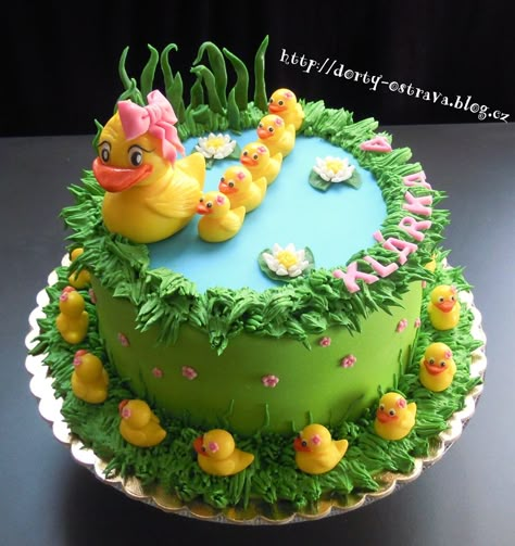 Duck Cake Ideas, Duck Cakes, Pond Cake, Rodjendanske Torte, Duck Party, Duck Cake, Duck And Ducklings, Duck Birthday, 2 Birthday Cake