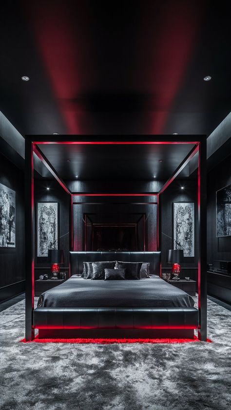 Enjoy stylish serenity in this light gray bedroom accented by striking red LED lights. The soothing color palette and vibrant lighting create a chic, relaxing environment that’s perfect for unwinding. ✨❤️ #StylishSerenity #ChicDecor Gray And Red Bedroom Ideas, Indie Sleaze Decor, Red Room Ideas 50 Shades Of Grey, Grey Bedroom Ideas Decor, Red And Black Room Ideas, Light Gray Room, 50 Shades Grey Aesthetic, Red Room 50 Shades Diy, Black And Red Room