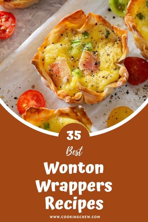 Mini Quiche In Wonton Wrappers, Dumpling Wrapper Cups, Wanton Cups Recipes, Appetizers Using Won Ton Wrappers, Shrimp Wonton Cups Appetizers, Wonton Wrapper Cups, Wonton Wrappers Ideas, Stuffed Wonton Recipes, Wonton Filling Recipe Vegetarian