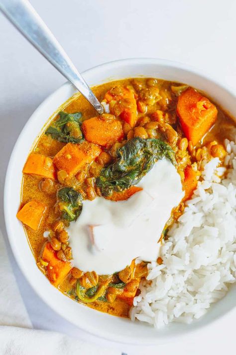 Creamy sweet potato and lentil curry made in one pot using simple ingredients. It's vegan and naturally gluten-free, packed with flavours that the whole family will enjoy. Sweet Potato Lentil Curry, Spicy Peanut Noodles, Sweet Potato Curry, Gluten Free Noodles, Peanut Noodles, Spicy Peanuts, Crispy Tofu, Perfect Lunch, Lentil Curry