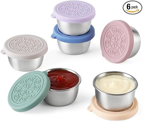 1.6 oz Small Stainless Steel Sauce Cups With Leakproof Silicone Lids, For Lunch Boxes, Picnics and Travel To Go Containers, Dressing Containers, Salad Dressing Container, Small Plastic Containers, Meal Prep Containers, Silicone Lid, Bento Box Lunch, Lunch Boxes, Bento Box