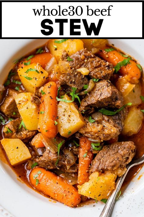 Paleo Beef Stew is chock full of tender beef, savory veggies, and hearty potatoes. Simmered low and slow in a rich, beefy broth, this perfectly warm and comforting one-pot meal is both gluten-free and Whole30 compliant. #paleobeefstew #paleostew #whole30stew Beef Stew Healthy Slow Cooker, Whole 30 Crockpot Beef Stew, Whole 30 Beef Soup, Beef Stew Clean Eating, Thm Beef Stew, Health Beef Stew, Healthy Beef Stew Crockpot Clean Eating, Tomato Free Beef Stew, Aip Stew Recipes