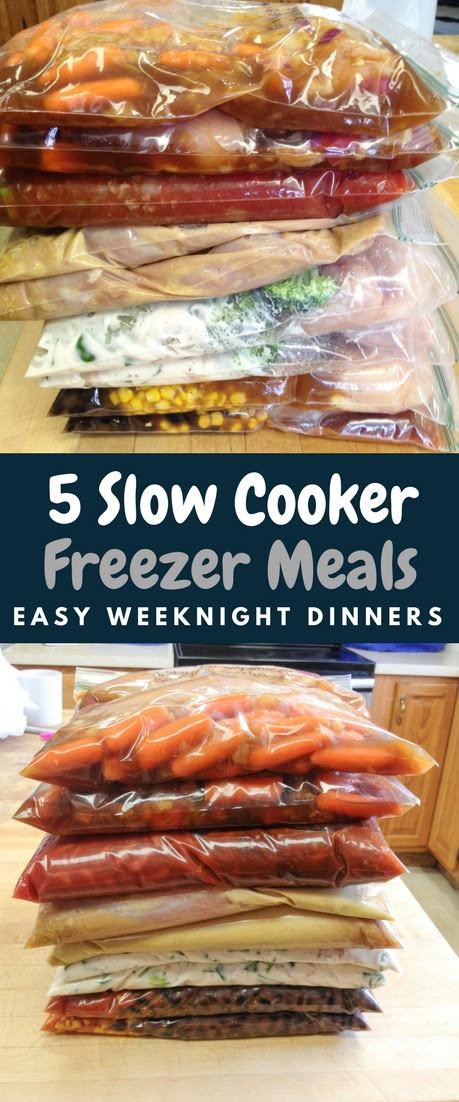 Slow cooker freezer meals for easy weeknight dinners. #crockpot #chicken #easyrecipes Chicken Alfredo Crockpot Freezer Meal, Crockpot Chicken Teriyaki Freezer Meal, 5 Ingredient Freezer Meals, Salsa Chicken Freezer Meal, 5 Meals In One Hour, Healthy Dump Meals, Dinners Crockpot, Crock Pot Freezer Meals, Alfredo Chicken