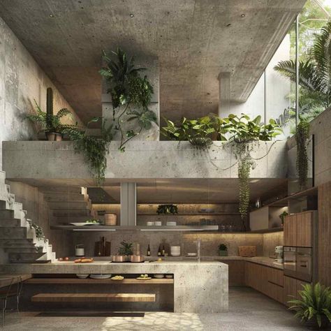 Brutalist Design Interior, Industrial Design Architecture, Industrial Tropical Interior Design, Tropical Brutalism Architecture, Industrial Tropical Interior, Industrial Tropical House, Modern Concrete Interior Design, Brutalist Architecture House, Eco Brutalism Architecture