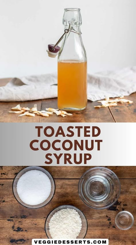 Homemade Toasted Coconut Syrup is simple to make and you only need shredded coconut, sugar and water. For drinks, desserts or pancakes! Coconut Tea Recipe, Coconut Pancake Syrup, Coconut Syrup Recipe, Coconut Simple Syrup, Tea Syrup Recipe, Diy Extracts, Homemade Coffee Syrup, Tea Syrup, Coconut Tea