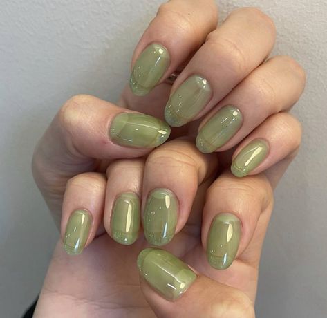 Olive Jelly Nails, Green Nails Natural Nail, Sheer Green Nails, Green Nails Jelly, Green Earthy Nails, Jelly Green Nails, Green Jelly Nails, Green Jelly Nail, Classy Nail Art Ideas