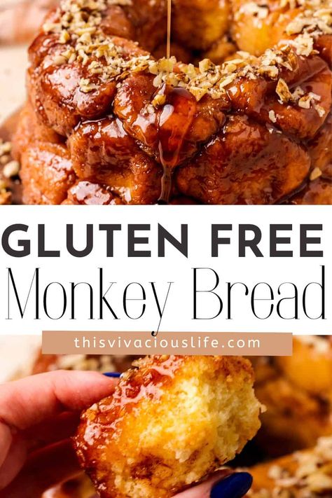 I love this soft, gooey, pull-apart Gluten-Free Monkey Bread. These bite-sized cinnamon buns are a heavenly dessert that I like to eat for breakfast! From their warm, sticky, caramel glaze to the buttery cinnamon sugar to the easy way it all comes together in a bundt pan, this recipe is absolute perfection. Gluten Free Monkey Bread Recipe, Gluten Free Monkey Bread, Easy Monkey Bread, Monkey Bread Recipe, Gluten Free Puff Pastry, Breakfast Pastry, Gf Breakfast, Caramel Glaze, Gluten Free Donuts