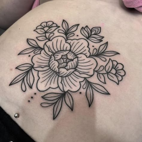 peony black ink tattoo Peony Traditional Tattoo, Neo Traditional Peony, Traditional Peony Tattoo, Traditional Peony, Black Ink Tattoo, Stick Poke Tattoo, Woodcut Tattoo, Stick Poke, Embroidery Tattoo