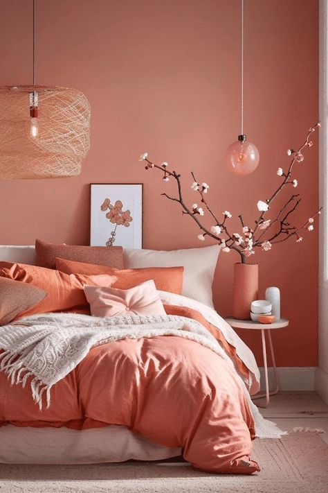 The Best Feng Shui Bedroom Colors Ideas Trending In 2024! Blush And Burnt Orange Bedroom, Sleeping Room Colors, Salmon Color Bedroom Walls, Light Coral Bedroom, Coral Boho Bedroom, Salmon Bedroom Ideas, Peach Color Bedroom Ideas, Peach Room Bedroom, Small Bedroom Feng Shui