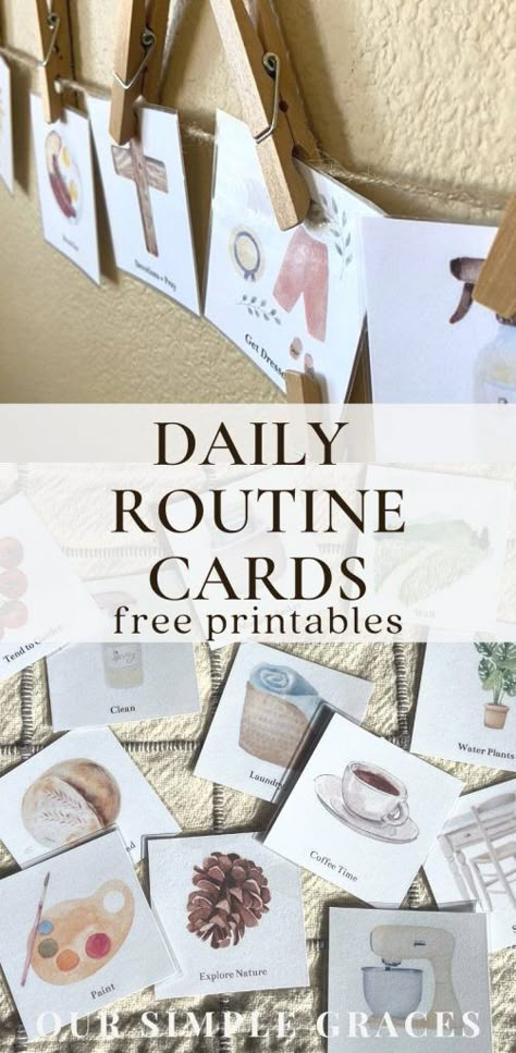 Whether you have toddlers, homeschool or have your kids in private or public school, these daily routine schedule printables are so helpful in keeping a flow throughout your days. Your kids will love being able to help order the cards to fit the day. With over 40 cards and activities to choose from, there should be something for every age! Printable Routine Cards Free, Daily Routine Cards Free Printable, The Good And The Beautiful Schedule, Routine Cards For Kids Free Printable, Toddler Day Schedule, Daily Chart For Kids, Kids Schedule Chart Daily Routines, Kid Schedule Chart Daily Routines, Toddler Daily Routine Chart