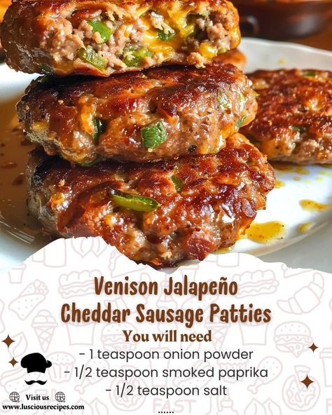 Jalapeno Cheddar Sausage, Recipes Venison, Venison Sausage Recipes, Ground Venison Recipes, Ground Sausage Recipes, Venison Sausage, Venison Burgers, Deer Recipes, Sausage Patties