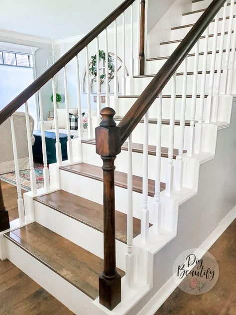 staircase with darker stained banister Decorating Next To Staircase, Brown And White Stair Railing, Restaining Wood Banister, Stair Makeover Railings, Replace Metal Stair Railing, Country Staircase Ideas Farmhouse Style, Old Banister Painted, Victorian Farmhouse Staircase, Modern Farmhouse Banister Railings