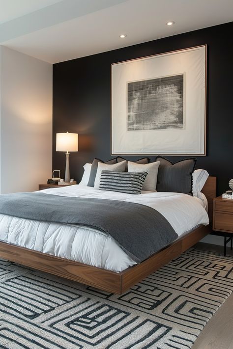 Black Accent Walls Bedroom - Quiet Minimal Accent Walls Bedroom, Dark Modern Bedroom, Dark Bedroom Walls, Charcoal Bedroom, Black Walls Bedroom, Male Bedroom Ideas, Black Accent Walls, Masculine Bedroom, Minimal Bedroom