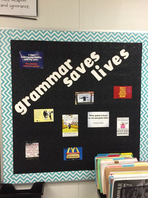 Grammar saves lives middle school language arts classroom bulletin board Grammar Saves Lives, Secondary School Displays, Vocabulary Bulletin Boards Middle School, Student Work Bulletin Board Ideas Middle School, Language Arts Bulletin Boards Middle School, English Grammar Bulletin Boards, Middle School Welcome Bulletin Boards, High School Ela Bulletin Board Ideas, High School English Bulletin Boards