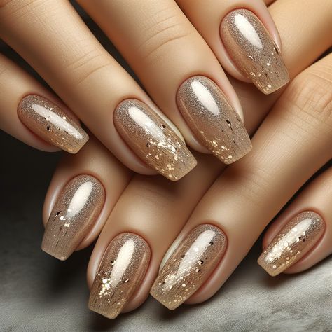 A close-up of beautifully manicured champagne shimmer nails, showcasing their sparkling finish and elegant design. New Years Nail Designs French Tips, Champagne Gold Nails Sparkle, Chrome Champagne Nails, Champagne Nail Art, Champagne Christmas Nails, Champagne Sparkle Nails, Champagne Chrome Nails, Champagne Glitter Nails, Champagne Nail Designs