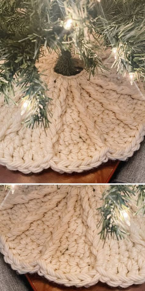 Chunky Tree Skirt Crochet, Christmas Tree Skirt Crochet Free, Crochet Christmas Skirt Pattern, Christmas Tree Skirts Crochet, Christmas Tree Crochet Skirt, Crocheted Tree Skirts Free Patterns, Christmas Tree Skirts Patterns Crochet, Holiday Crochet Projects, Crochet Christmas Craft Fair Ideas