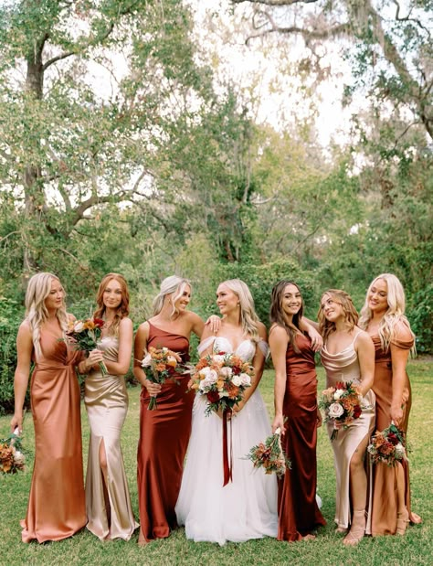 Boho Bridesmaid dresses, bridesmaid idea, idea for bridesmaids, bridesmaid dresses boho, bridesmaid hair, bridesmaid style, wedding bridesmaid dresses Image by Dewitt For Love Photography Rustic Colour Bridesmaid Dresses, 3 Color Bridesmaid Dresses, Western Bridesmaid Dresses Fall, Earth Tones Wedding Guest Outfit, Bridesmaid Dresses For Rustic Wedding, Fall Silk Bridesmaid Dresses, Mix And Match Rust Bridesmaid Dresses, Copper Champagne Bridesmaid Dresses, Bridesmaids With Corsages