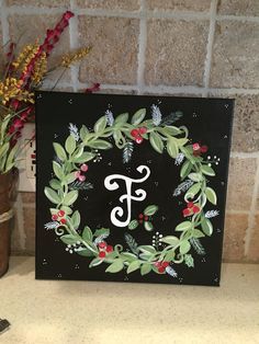 Painted canvas Christmas wreath with initial.... Diy Christmas Canvas, Christmas Painting Ideas, Paint Night Ideas, Diy Christmas Paintings, Pinterest Christmas, Paint Party Ideas, Christmas Canvas Art, Christmas Paintings On Canvas, Paint Nite