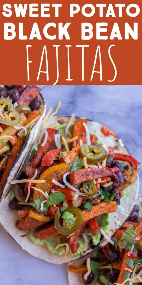 Sweet Potato Fajitas, Fajita Sweet Potato, Sheet Pan Chickpea Fajitas, Fajita Recipe Vegetarian, Black Bean Fajitas, Veggie Fajitas Skillet, Vegan Sweet Potato Fajitas, Sweet Potato Black Bean Skillet, Bean Fajitas