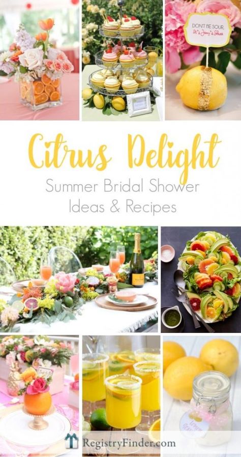 Hot Summer Bridal Shower Themes and Recipes | Party Decor Ideas Summer Bridal Shower Decorations, Summer Bridal Shower Themes, Spring Bridal Shower Decorations, Summer Bridal Shower Ideas, Unique Bridal Shower Themes, Bridal Shower Colors, Citrus Party, Wedding Shower Brunch, Citrus Theme