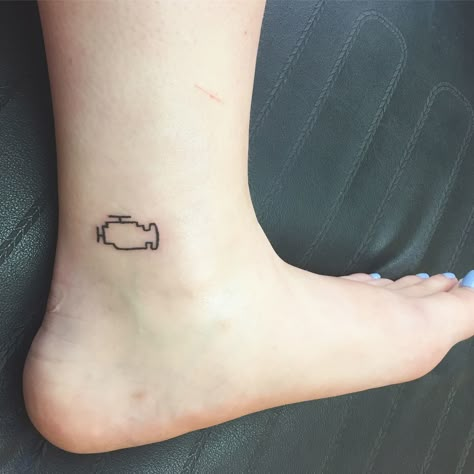 Check engine light tattoo Car Guy Tatoos, Auto Body Tattoo Ideas, Car Small Tattoo, Feminine Mechanic Tattoo, Engine Parts Tattoo, Car Line Art Tattoo, Car Part Tattoo Design, Check Engine Tattoo, Small Car Tattoos For Guys