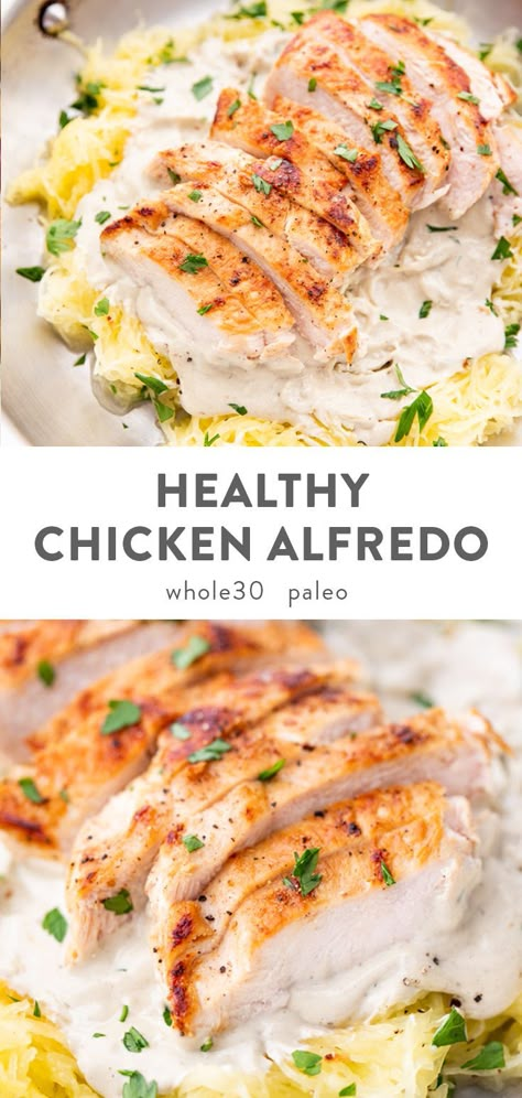 A rich and creamy chicken alfredo that's super healthy! Quick and easy to throw together, this healthy chicken alfredo recipe uses a dairy-free cashew alfredo sauce and spaghetti squash "noodles." Paleo and Whole30. #paleo #whole30 Healthy Chicken Alfredo Recipe, Cashew Alfredo Sauce, Cashew Alfredo, Healthy Chicken Alfredo, Creamy Chicken Alfredo, Paleo Menu, Chicken Alfredo Recipe, Drumsticks Recipe, Chicken Food Recipes