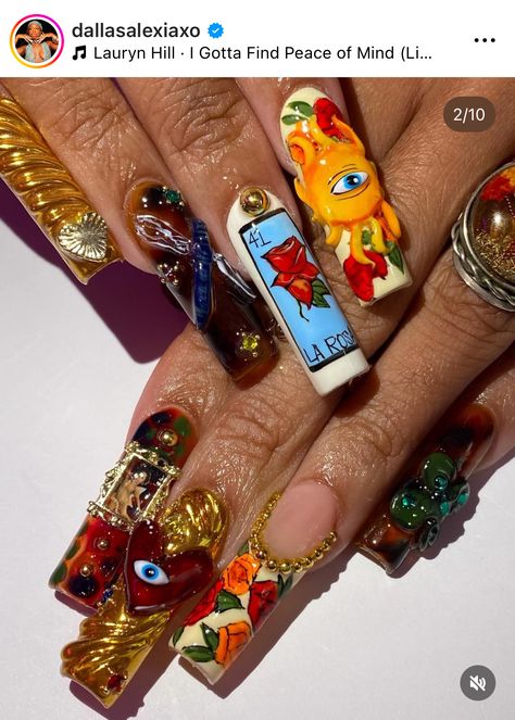 Chicano Nails Designs, Lowrider Nail Designs, Chola Nails, Mexican Nails, Rave Nails, Long Acrylic, Nails Only, Long Square Acrylic Nails, Square Acrylic Nails