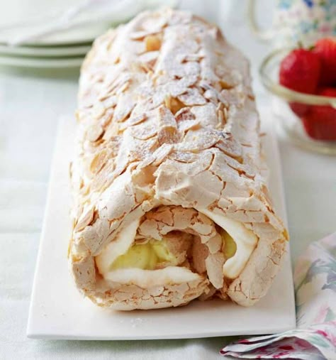 Lemon meringue roulade | Sainsbury`s Magazine Lemon Meringue Roulade, Lemon Roulade, Roulade Cake, Meringue Roulade, Mary Berry Recipe, Cake Rolls, Berries Recipes, Mary Berry, Lemon Desserts