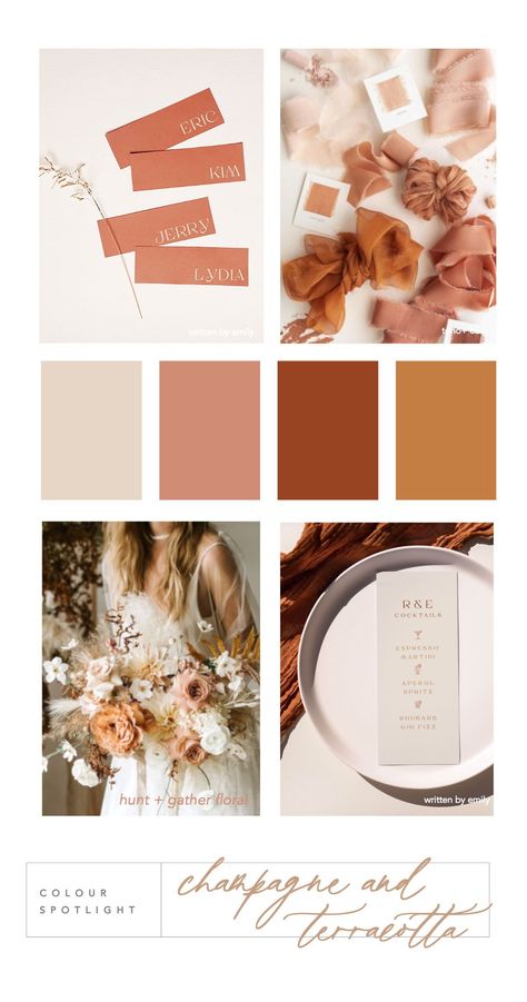 Champagne And Terracotta Wedding, Terracotta Wedding Colors, Champagne Wedding Themes, Champagne Color Palette, Champagne Wedding Colors, Wedding Theme Color Schemes, Rusting Wedding, Wedding Color Pallet, Autumnal Wedding