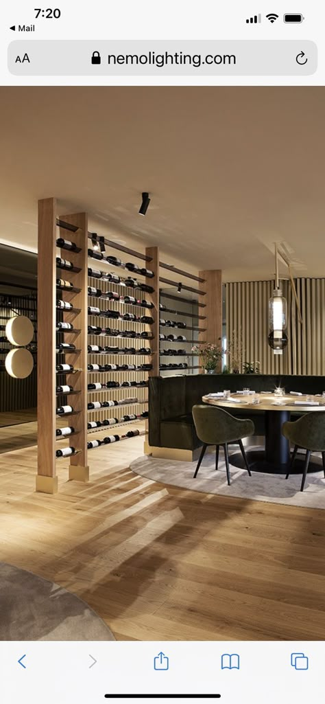 Wine Storage Room Divider, Wine Room Restaurant, Wine Shelves Ideas, Room Divider Wine Rack, Double Sided Wine Wall, Wine Rack Room Divider, Wine Cellar Wall Dining Room, Dining Room With Wine Wall, Wine Rooms In House