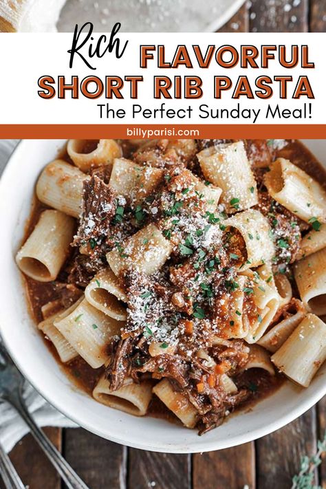 This rich flavorful short rib pasta is the perfect Sunday meal! This short-rib pasta is a delicious recipe for slow-cooked beef in tomatoes, wine, and herbs that is tossed in pasta. This is one of my all-time favorite sauces for friends and family. Perfect for a dinner with friends or a Sunday family dinner. Short Ribs And Pasta Recipe, Beef Short Rib Pasta, Short Ribs With Pasta, Short Rib Rigatoni, Short Rib Pasta Sauce, Braised Short Rib Pasta, Short Rib Pasta, Pasta With Beef, Beef Tagliata