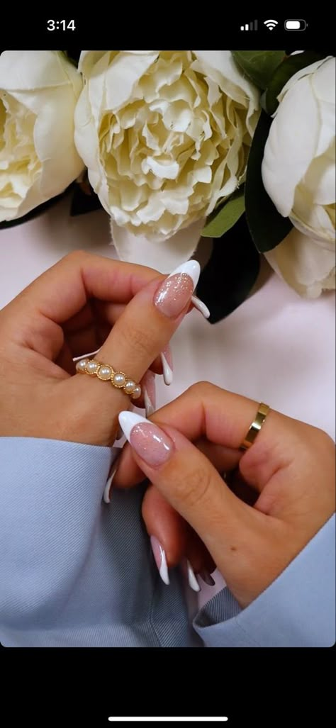 French Tip Nails Round Sparkle, Sparkly French Tip Acrylic Nails Almond, Glitter Nails With White French Tip, French Tip Nails White With Glitter, Wedding French Nails Sparkle, French Tip Sparkle Acrylic Nails, French Tip With Sparkle Nails, Nails To Get Engaged In, Sparkly French Manicure Almond