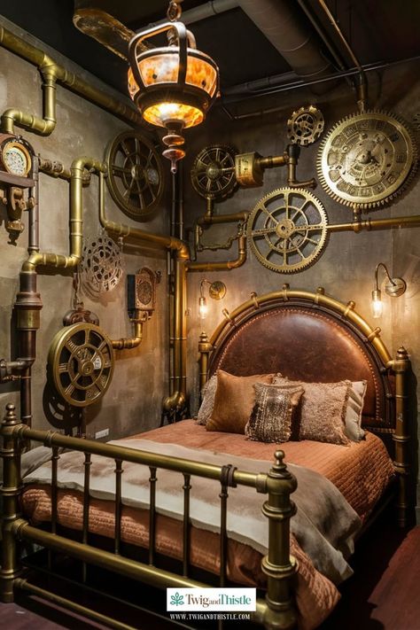 Elevate your bedroom with luxe fabrics and rich textures for a sophisticated look. ✨🛋️ #LuxuryRoomBedroom #RedecorateBedroom Does this inspire you? Let us know. Steampunk Bedroom Aesthetic, Steampunk Bed, Steampunk Interior Design, Steampunk Room, Steampunk Rooms, Steampunk Bedroom, Steampunk Interior, Steampunk Inspiration, Bedroom Ideas Decor