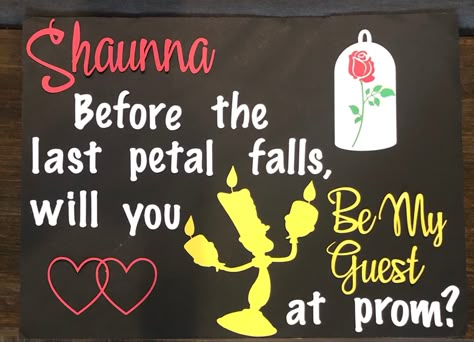 Hoco Proposals Ideas Beauty And The Beast, Disney Themed Hoco Proposals, Beauty And The Beast Hoco Proposals, Disney Hoco Posters, Disney Promposal Ideas, Beauty And The Beast Promposal, Beauty And The Beast Homecoming, Beauty And The Beast Parking Spot, Princess And The Frog Hoco Proposal