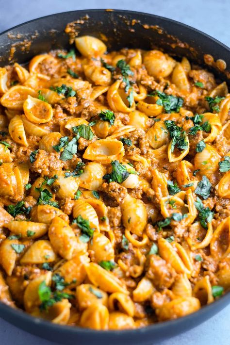 Creamy sausage shells is a sausage twist on bolognese. Simple cream-based pasta sauce prepared with sweet and spicy Italian sausage and shells. #pasta #creamypasta #dinnerrecipes #italian Easy Shell Pasta Recipes, Creamy Shell Pasta, Sausage And Shells, Shells Pasta, Beef Snacks, Shell Pasta Recipes, Shell Pasta, Spicy Italian Sausage, Favorite Pasta Recipes